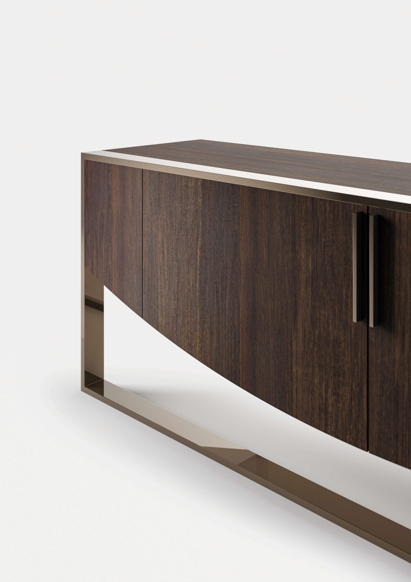 The Moon Sideboard is shown against a white background, highlighting its dark wood finish, sleek handles, and a shiny metal base.