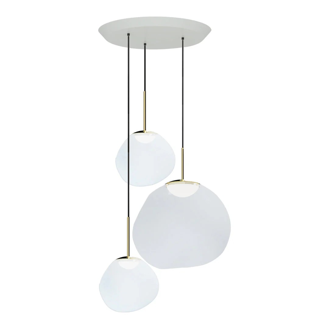 The Melt Trio Round Pendant System features three irregularly shaped white glass shades suspended at varying heights by black cords from a round white ceiling mount for a modern look.