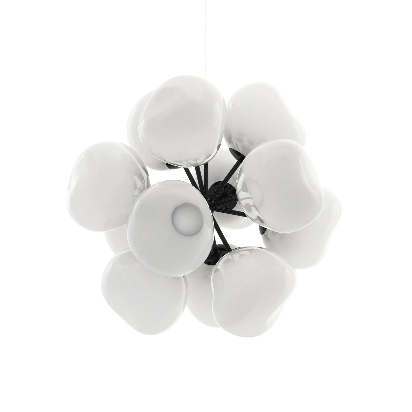 The Melt Trio Round Pendant System (Copy) showcases multiple glossy white, rounded glass shades clustered together, seen from below against a white background.