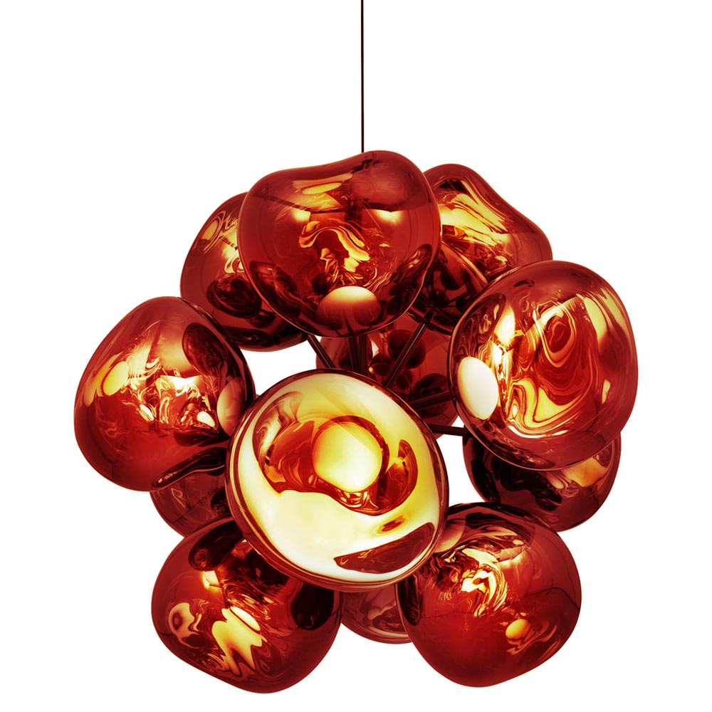 The Melt Trio Round Pendant System (Copy) features clustered metallic red and gold reflective orbs suspended against a white background for a modern look.