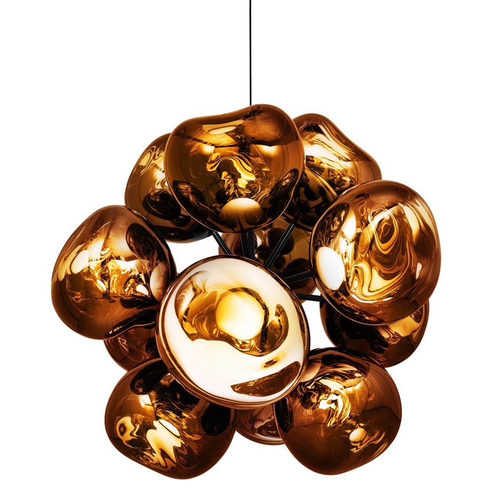 A cluster of copper-colored, metallic, irregularly shaped pendant lamps from the Melt Trio Round Pendant System (Copy) hangs together against a white background.