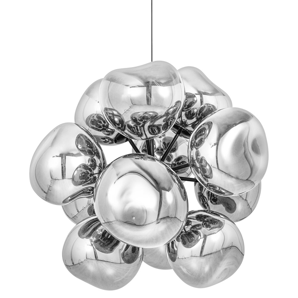 The Melt Trio Round Pendant System (Copy) showcases multiple irregular, reflective silver spheres arranged together for a bold, contemporary design.