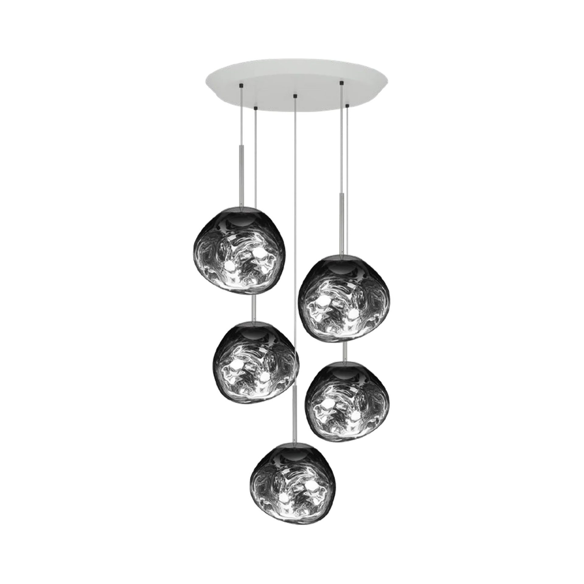 The Melt Trio Round Pendant System (Copy) features five uniquely shaped metallic pendant lights suspended at varying heights from a round white base.