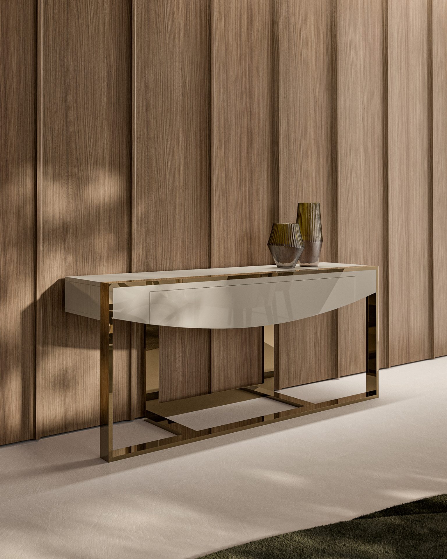 The Moon Console features a glossy white top and gold metal legs, standing elegantly against a wood-paneled wall on a light carpet, accented with two decorative vases.